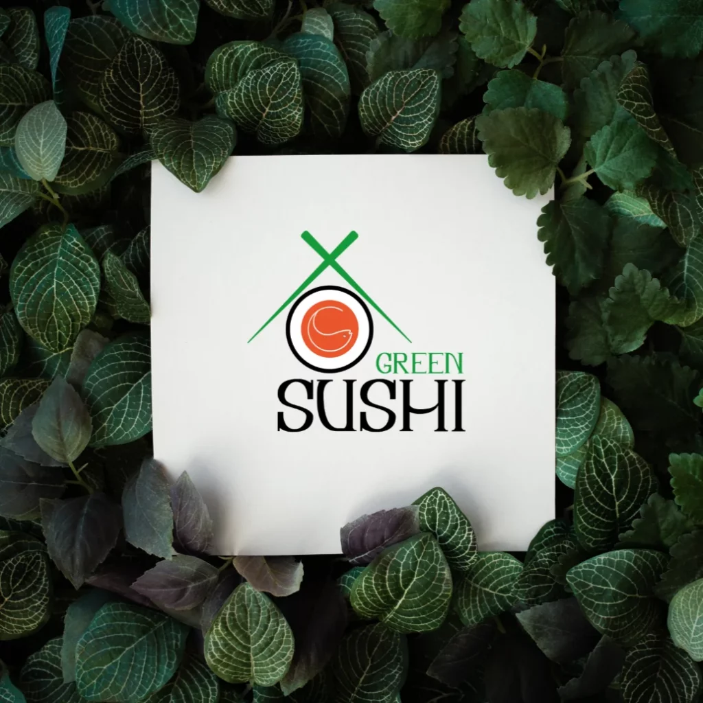 Logo composé d'un maki, des baguettes créé pour un restaurant japonais que se nomme Green Sushi